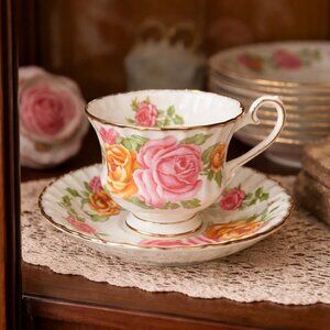 Vintage Grosvenor Teacup & Saucer with Pink & Yellow Cabbage Roses and Gold Trim